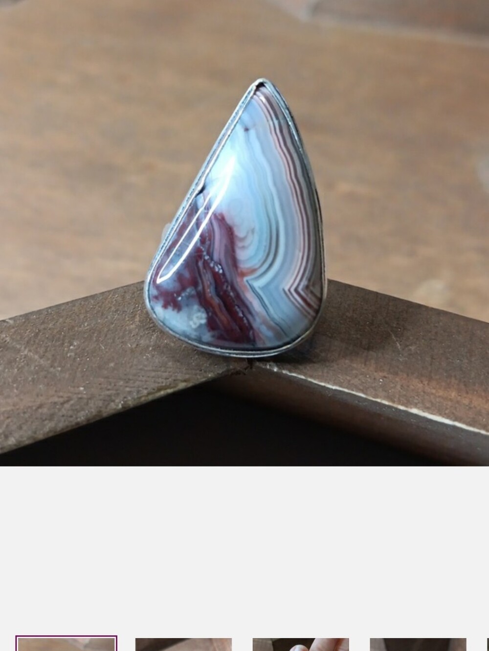 Handmade Laguna Lace Agate Gemstone Teardrop Agate Ring Sterling Silver Band